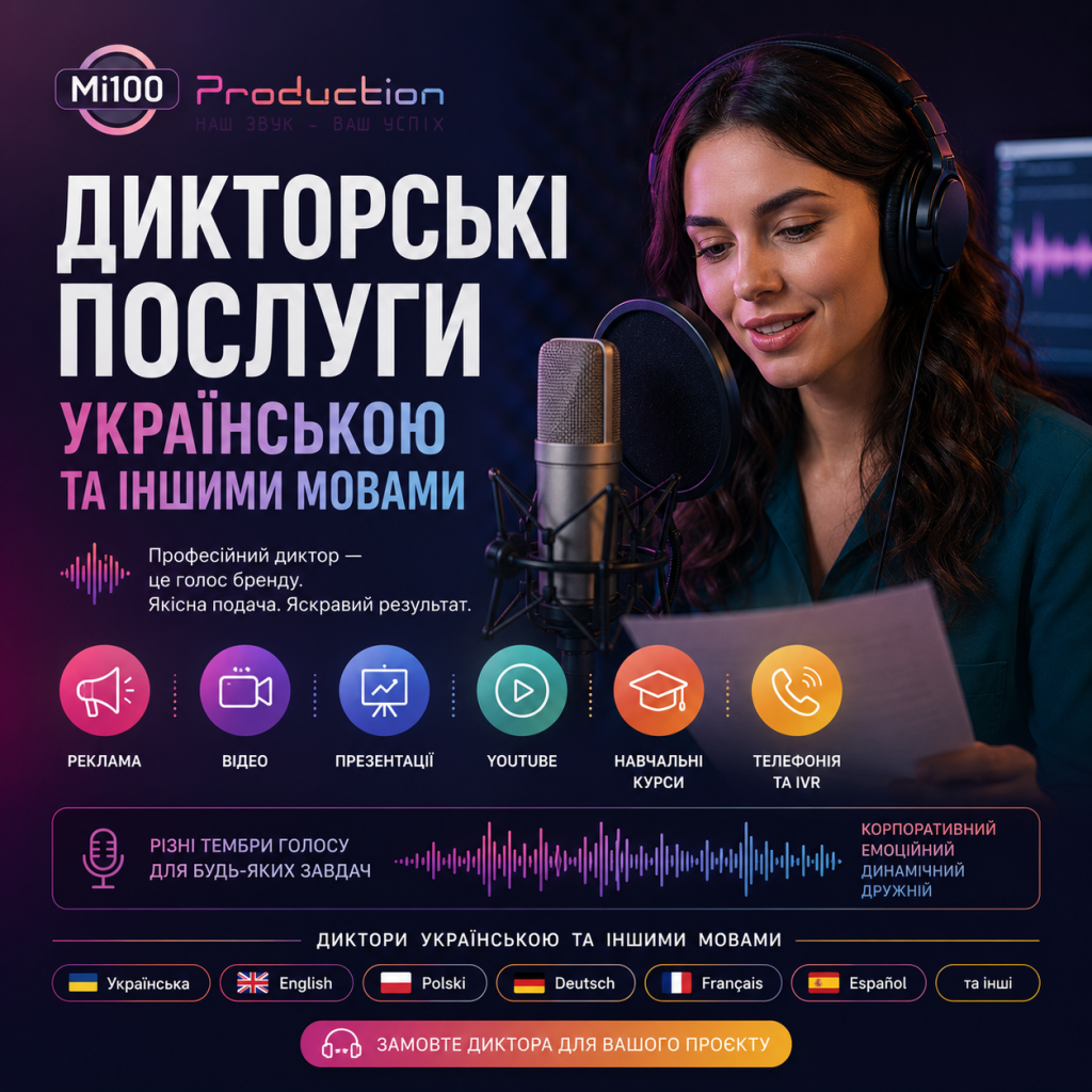 Дикторські послуги українською та іншими мовами | Mi100 Production
